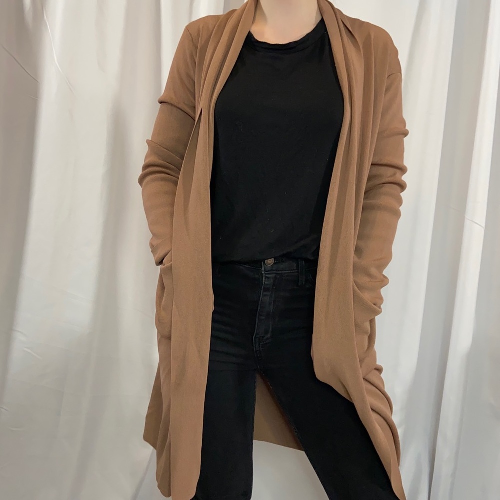 Mod Ref Long Tan Brown Open Cardigan size large: viscose and nylon material
